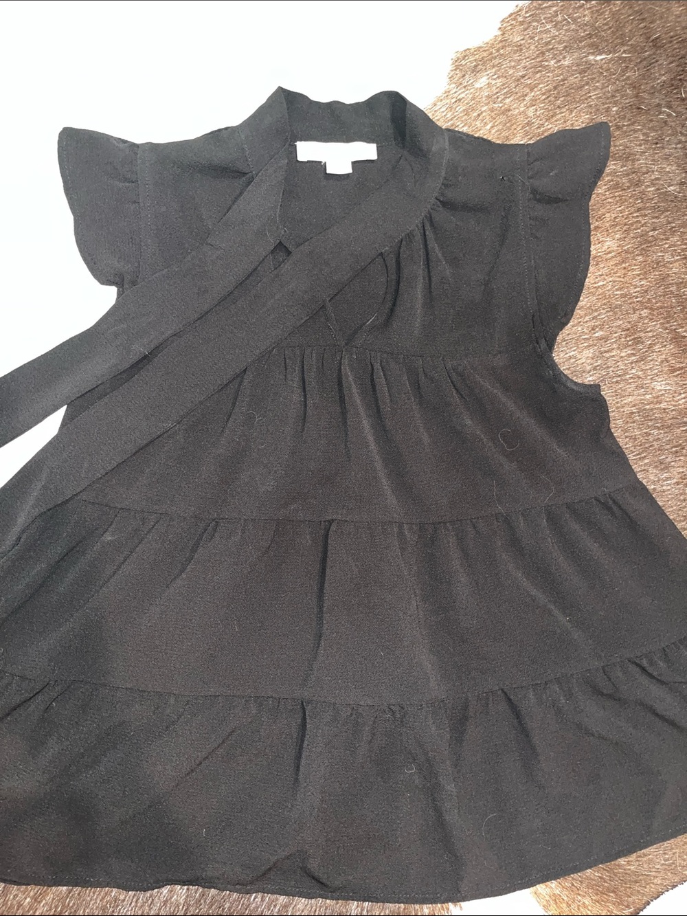 Monteau Black Tiered Tie-Neck Blouse